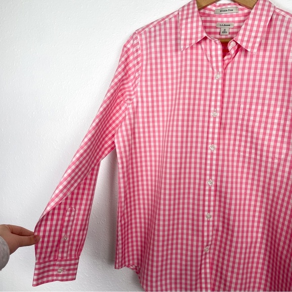 L.L Bean wrinkle free pink gingham plaid button down 100% cotton Sz. M | barbie - Picture 6 of 8